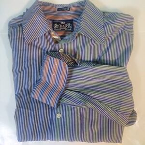 Robert Graham Mens Large Striped Button Up Shirt Flip Cuffs Vintage preppy Read!
